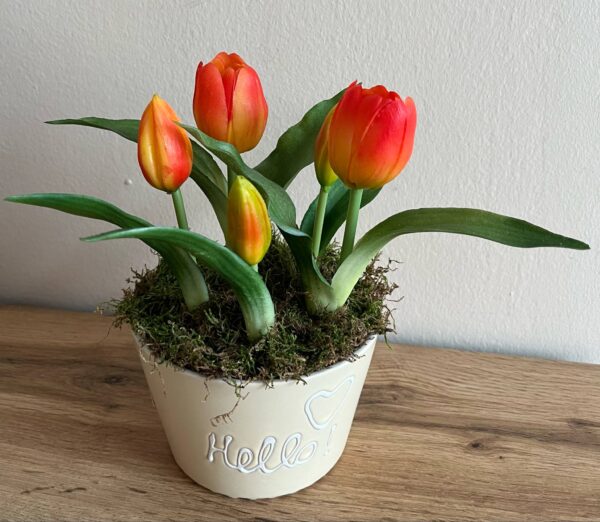 Élethű tulipános dekoráció, Hello feliratos kerámia tálban