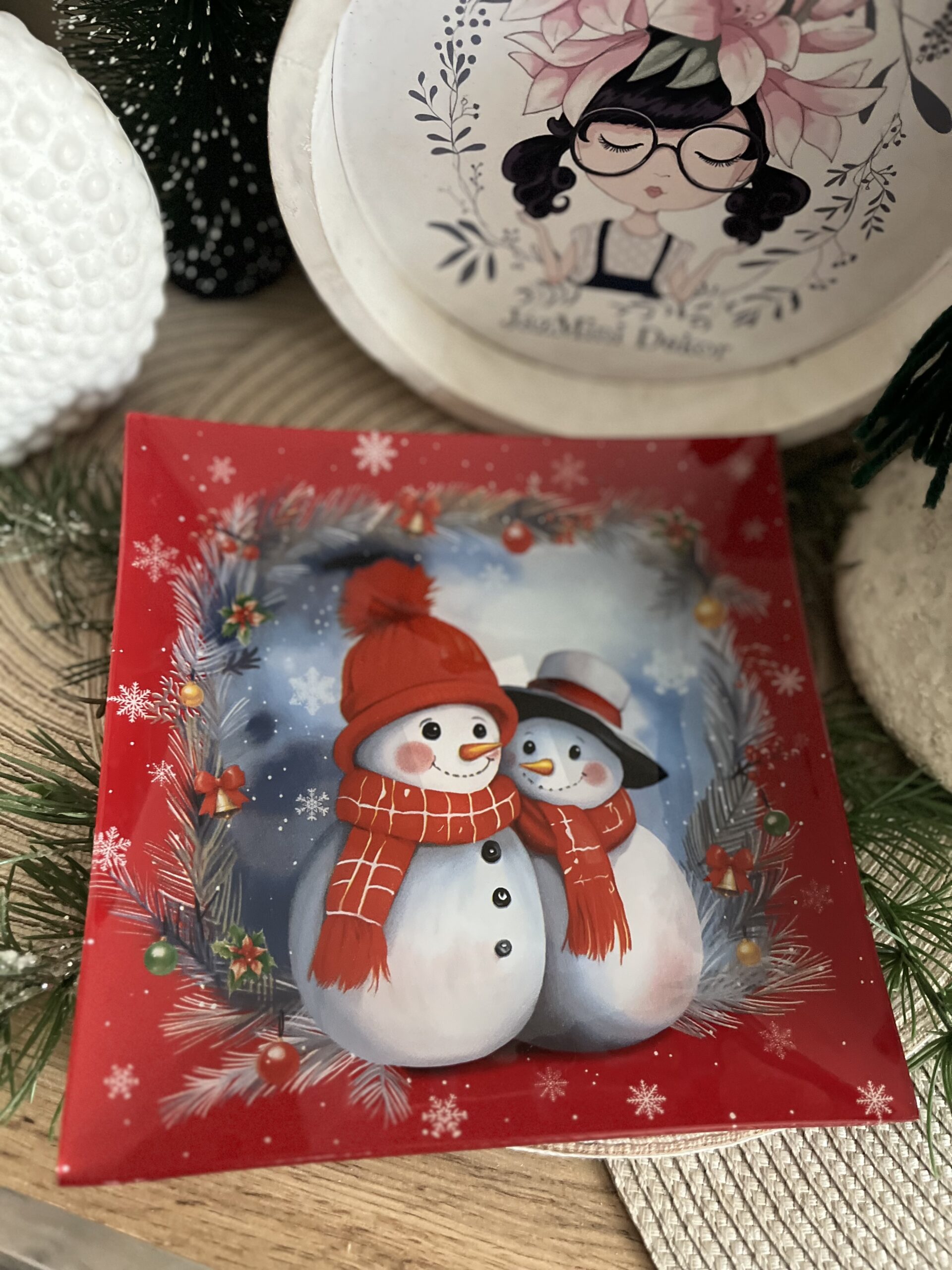 Hóember páros üvegtál-piros 20 cm