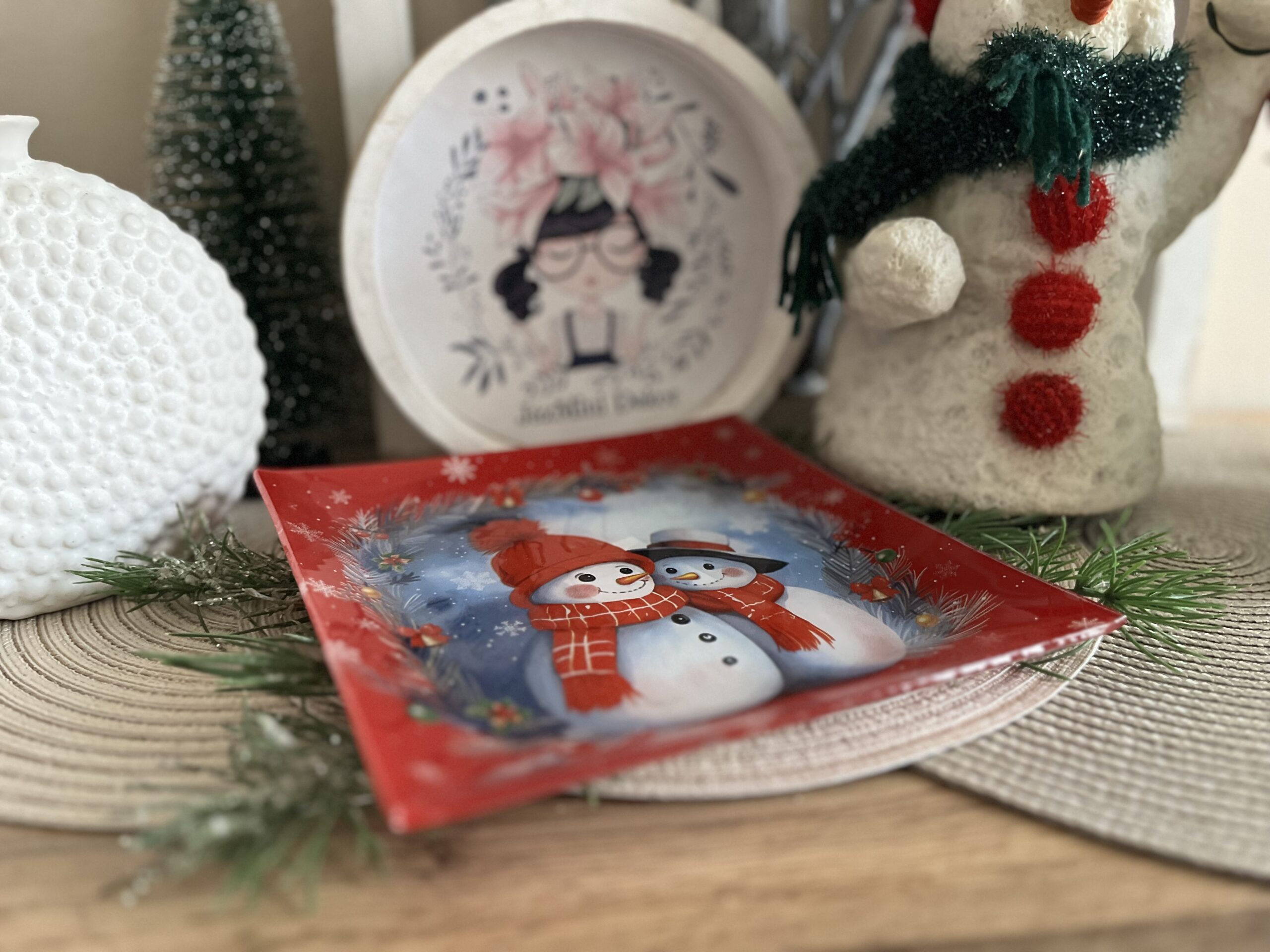 Hóember páros üvegtál-piros 20 cm - Image 2