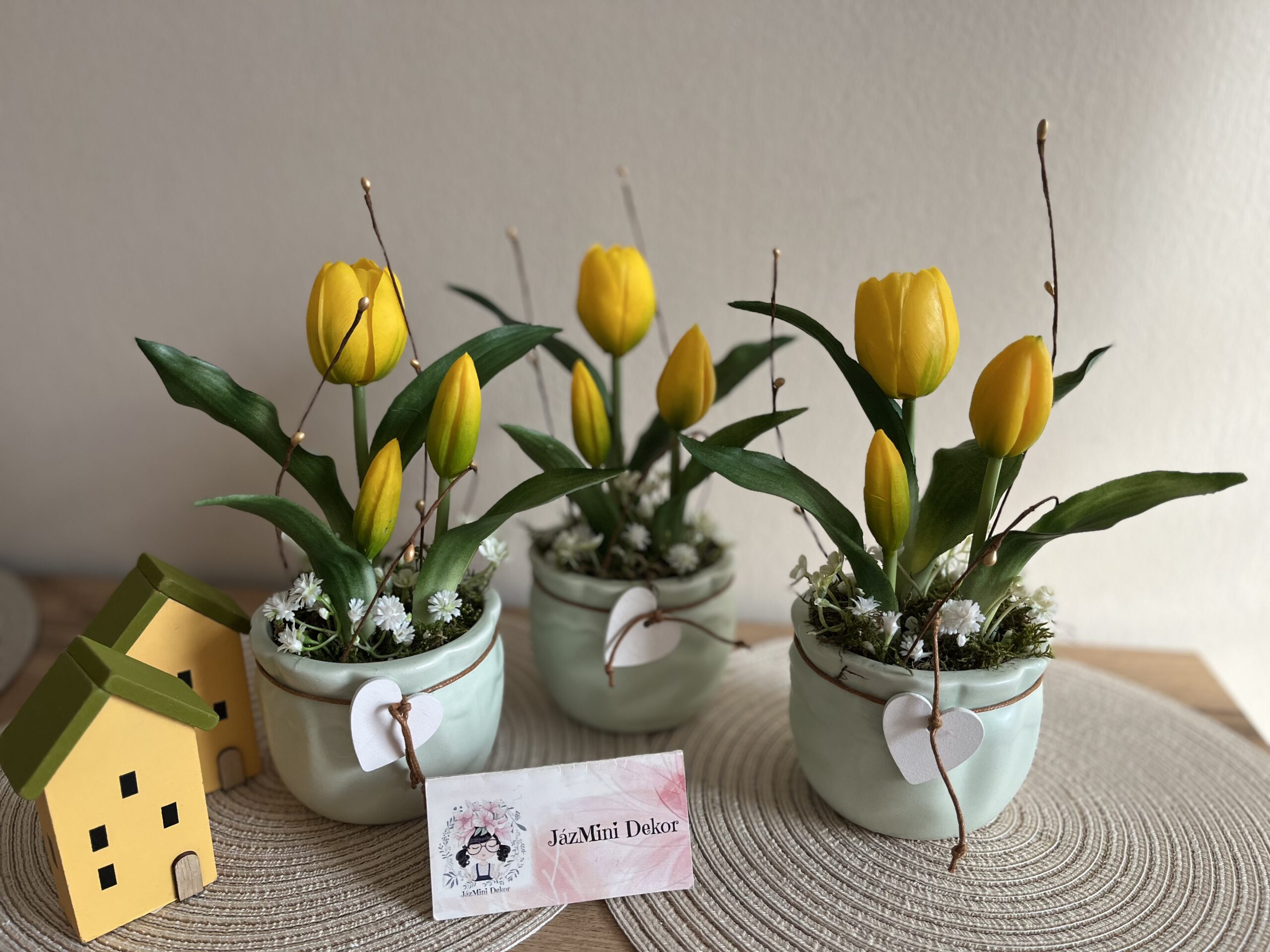 Tavaszváró tulipános kerámia zsákocskák-menta/kanári sárga