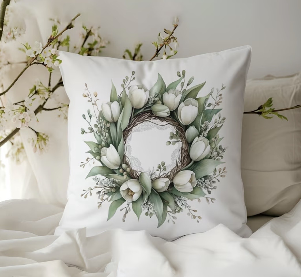 Tulipános párnahuzat-fehér koszorú