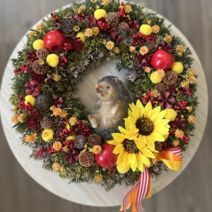 Dani sünis kopogtatója almákkal/napraforgókk