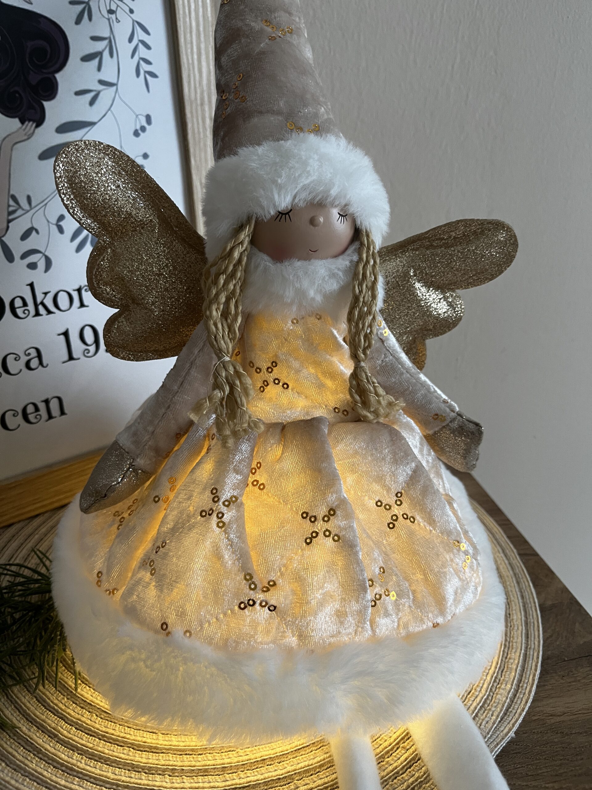 Lara világító lógólábú angyalbaba-bézs/fehér/arany-55 cm - Image 2